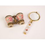 PAIR LE MAITE PARIS EARLY 20th CENTURY GILT METAL, PINK AND FLORAL PAINTED ENAMEL OPERA GLASSES,