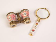 PAIR LE MAITE PARIS EARLY 20th CENTURY GILT METAL, PINK AND FLORAL PAINTED ENAMEL OPERA GLASSES,