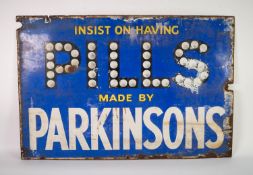 VINTAGE SINGLE SIDED ENAMEL SIGN 'Insist on having pills made by Parkinsons', white upper case