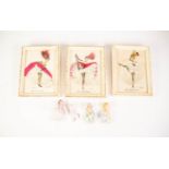 FOUR GERMAN PORCELAIN PIN CUSHION HEADS AND LEGS, also three 1950'S framed printed and applique work