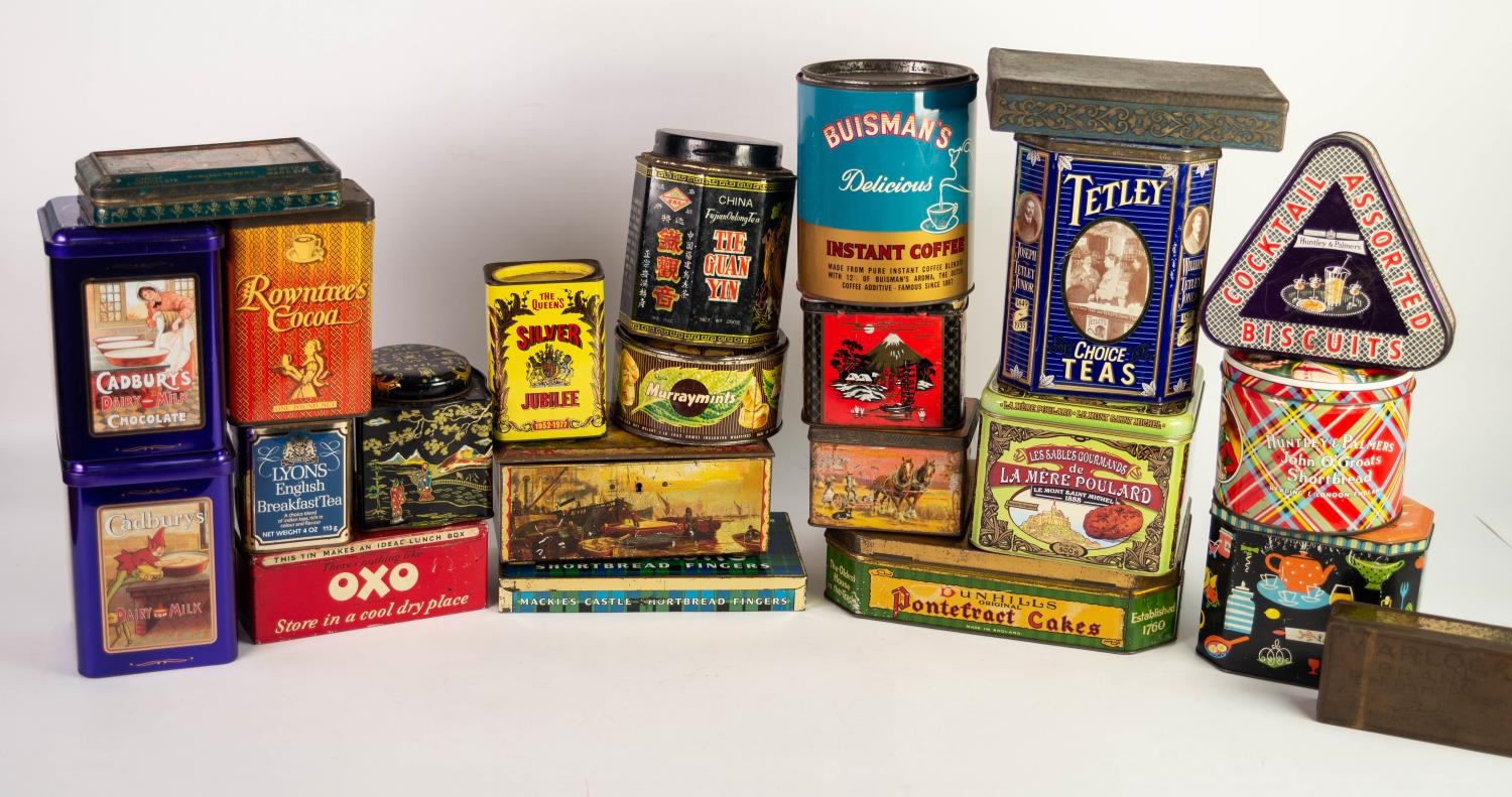 APPROX 23 MAINLY MID TWENTIETH CENTURY BISCUIT, TEA AND OTHER TINS, including Pontefract Cakes,