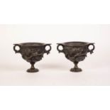 PAIR OF NINETEENTH CENTURY CAST BRONZE TWO HANDLE PEDESTAL SIDE VASES, cup shaped bowls with high