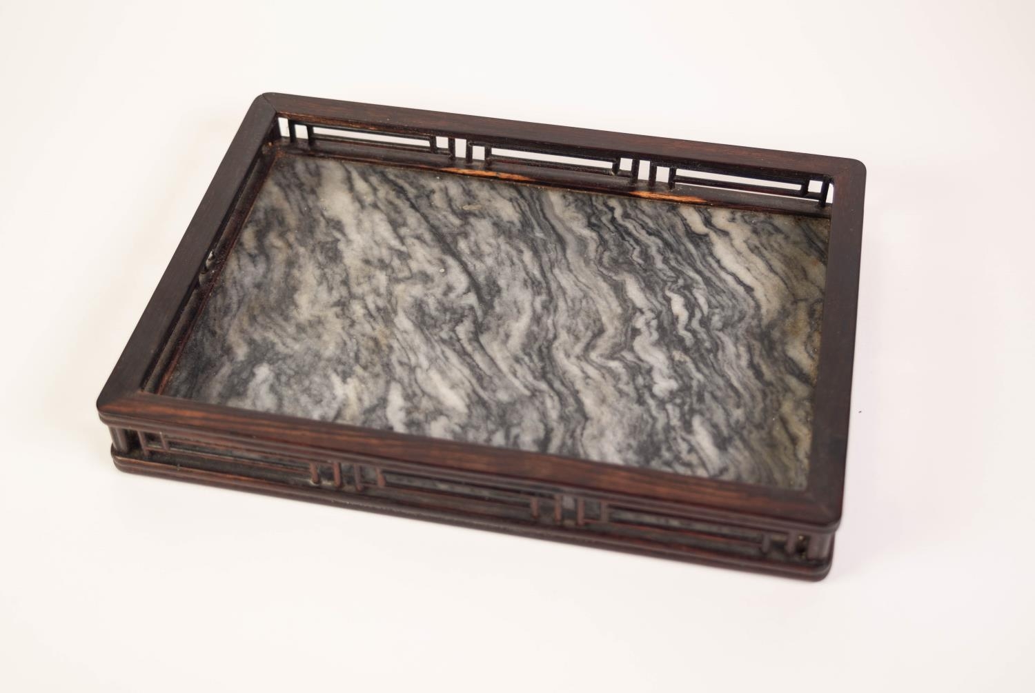 A CHINESE QING DYNASTY VEINED GREY HARDSTONE AND HUALI WOOD GALLERIED TRAY, 12 1/4" (31cm)  x 8 5/8"