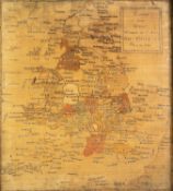 LATE EIGHTEENTH CENTURY NEEDLEWORK MAP OF 'ENGLAND AND WALES WROUGHT IN COLOURS ANN THORNEYCROFT MAY