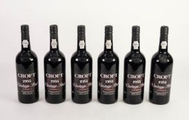 SIX BOTTLES OF CROFT VINTAGE PORT, 1985, IN ORIGINAL WOOD CASE FOR TWELVE BOTTLES, one bottle