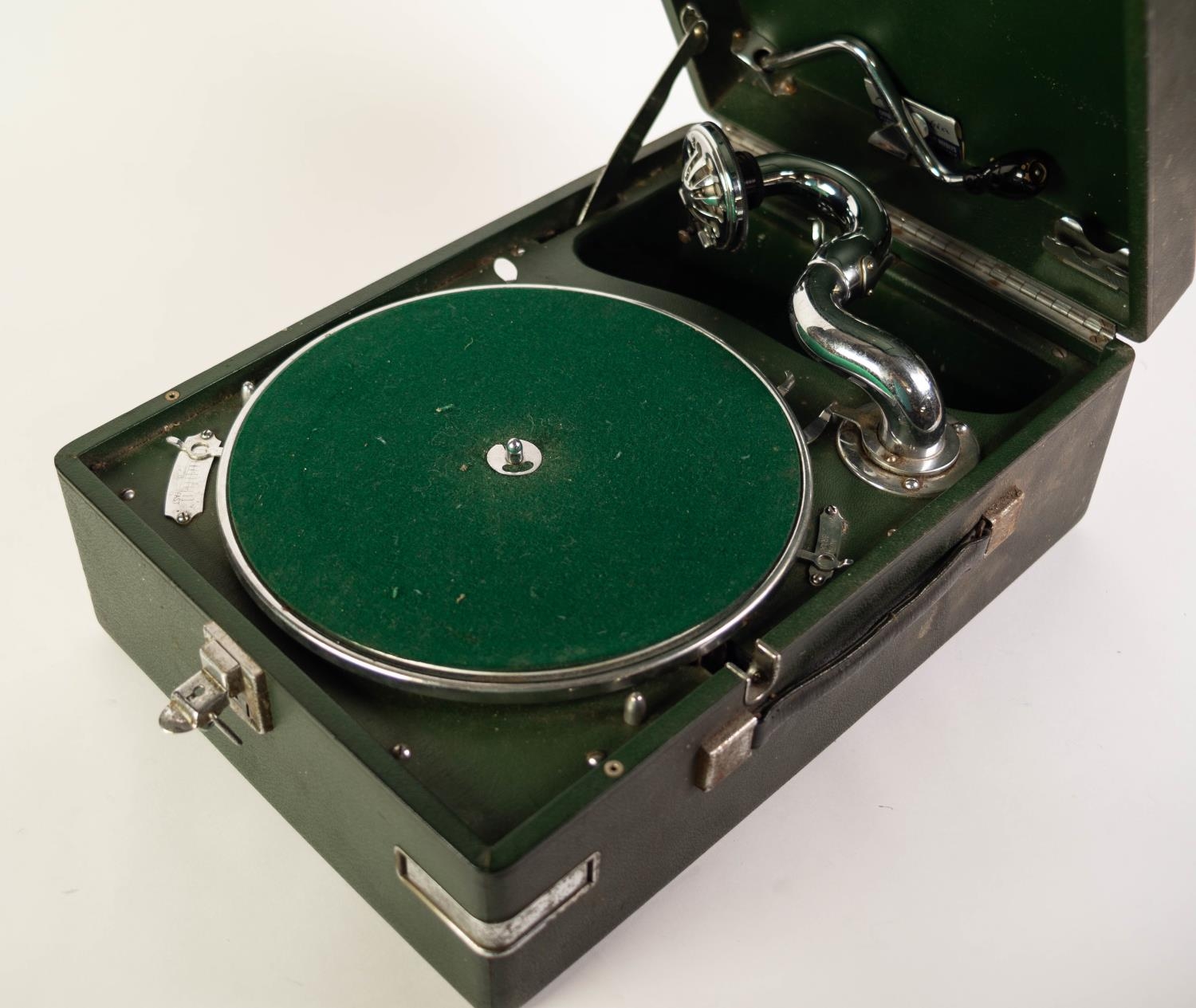 H.M.V. SPRING DRIVEN TABLE TOP RECORD PLAYER, with chromium plated pick-up arm and head, original - Image 2 of 2