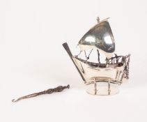 MIDDLE EASTERN SILVER (800 STANDARD) SMALL MODEL OF A DHOW, 3 1/2" (8.9cm) long on a STAND, AND A