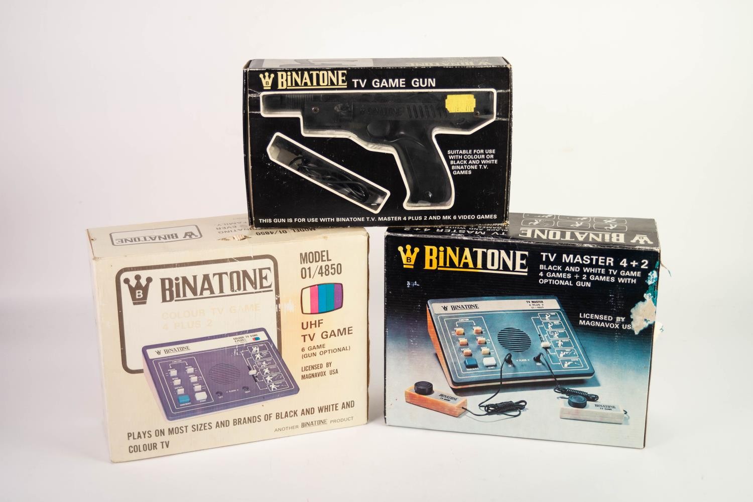 BINATONE MODEL 01/4850 VINTAGE COLOUR TV GAME 4+2, boxed; BINATONE MODEL TV MASTER 4+2 BLACK AND