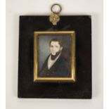 19TH CENTURY OBLONG PORTRAIT MINIATURE, gentleman wearing black high winged collar, 2 ½? x 1 ¾?,