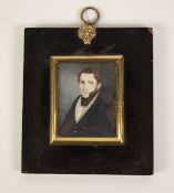 19TH CENTURY OBLONG PORTRAIT MINIATURE, gentleman wearing black high winged collar, 2 ½? x 1 ¾?,