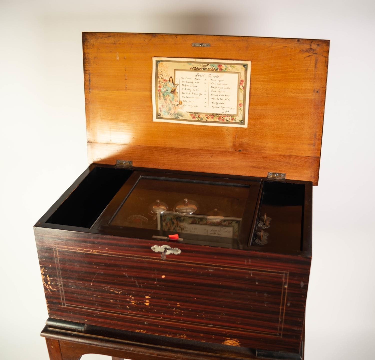 A LATE NINETEENTH CENTURY SWISS THREE BELLS IN SIGHT CYLINDER MUSICAL BOX, playing selection of 16 - Image 3 of 3