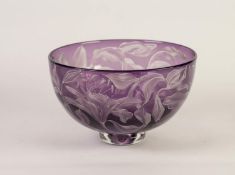 JULIA LINSTEAD ETCHED AMEYTHIST GLASS BOWL, of steep sided, footed form, decorated with flowers