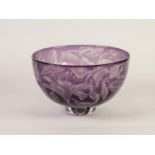 JULIA LINSTEAD ETCHED AMEYTHIST GLASS BOWL, of steep sided, footed form, decorated with flowers