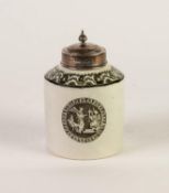 POSSIBLY LIVERPOOL, CIRCA 1800 TRANSFER PRINTED POTTERY TEA CANISTER, of cylindrical form with later