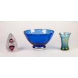 THREE PIECES OF MODERN COLOURED GLASS, comprising: LOETZ STYLE IRIDESCENT WAISTED VASE, 5? 12.7cm)