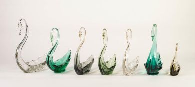 SEVEN WHITEFRIARS GLASS MODELS OF SWANS, comprising: TWO CLEAR, TWO TURQUOISE, ONE GREEN and TWO