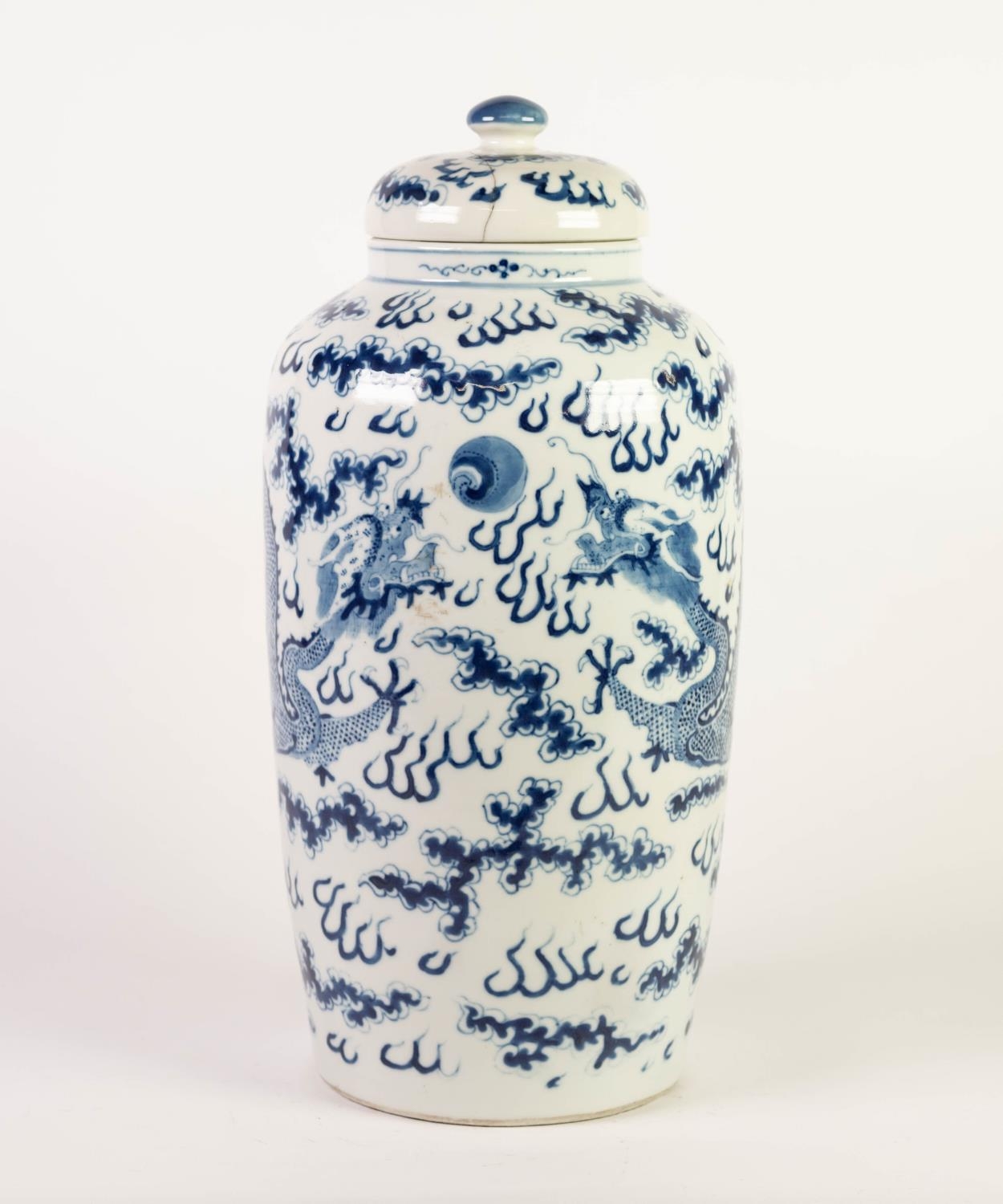 NINETEENTH CENTURY CHINESE BLUE AND WHITE PORCELAIN VASE AND COVER, of cylindrical form with domed