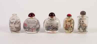 FIVE CHINESE INSIDE PAINTED GLASS SMALL SNUFF BOTTLES, one painted with warriors, another with ducks