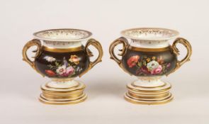 PAIR OF EARLY NINETEENTH CENTURY SPODE PORCELAIN TWO HANDLED VASES, each of oval form with scroll