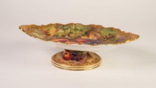 EARLY 20th CENTURY ROYAL WORCESTER PORCELAIN OVAL LOW PEDESTAL COMPORT, painted with fruit, signed T