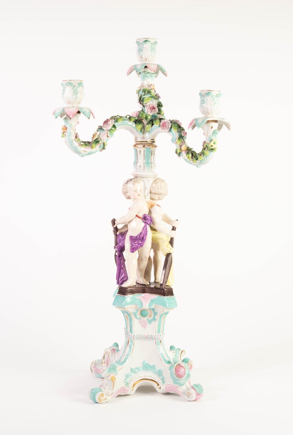 EARLY TWENTIETH CENTURY SITZENDORF, GERMAN FLORAL ENCRUSTED PORCELAIN FIGURAL FOUR LIGHT CANDELABRA,