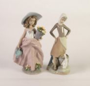 TWO LLADRO PORCELAIN FIGURES OF YOUNG GIRLS, one modelled with watering can and pot of flowers, (