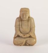 CHINESE CARVED PALE COLOURED HARDSTONE FIGURE OF A SEATED BUDDHA, modelled in typical pose, 8? (20.