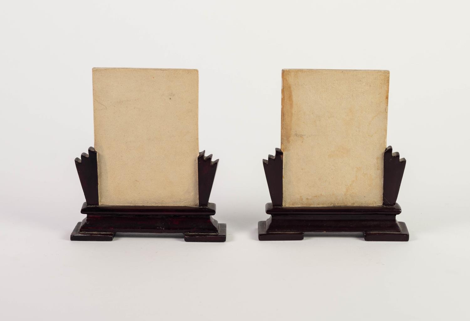 PAIR OF CHINESE REPUBLIC PERIOD MINIATURE PORCELAIN TABLE SCREENS, with black japanned frames/ - Image 2 of 2