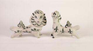 PAIR OF RICHARD PARKINSON STYLISED BISQUE MODELS OF A LION AND UNICORN, DESIGNED BY SUSAN PARKINSON,