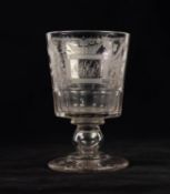 WILLIAM IV LARGE GLASS GOBLET, with engraved design depicting an arched cast iron bridge with