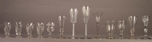 THIRTEEN ANTIQUE AND LATER DRINKING GLASSES, including: a wine glass with diamond faceted stem and