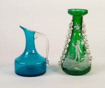 MARY GREGORY STYLE GREEN GLASS VASE, of conical form with clear shell moulded border, decorated with