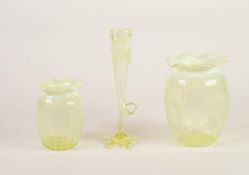 GRADUATED PAIR OF VASELINE THREADED GLASS VASES, each of dimpled ovoid form with frilled rims, 6? (