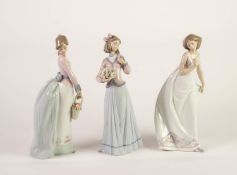 THREE LLADRO PORCELAIN FIGURES OF YOUNG LADIES, two modelled with baskets of flowers, (7622, F27-H),