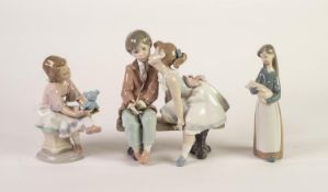 THREE LLADRO PORCELAIN FIGURES, one modelled as a young boy and girl sat on a bench, she about to