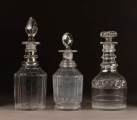 THREE NINETEENTH CENTURY SMALL GLASS DECANTERS AND STOPPERS, two with triple ringed necks, 10 ¼? (