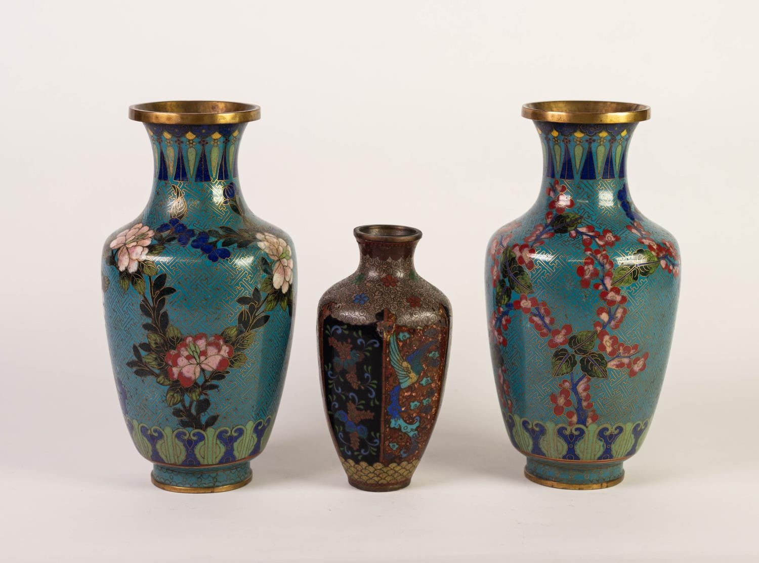 PAIR OF TWENTIETH CENTURY CHINESE CLOISONNÉ VASES, each of ovoid form with waisted neck and brass