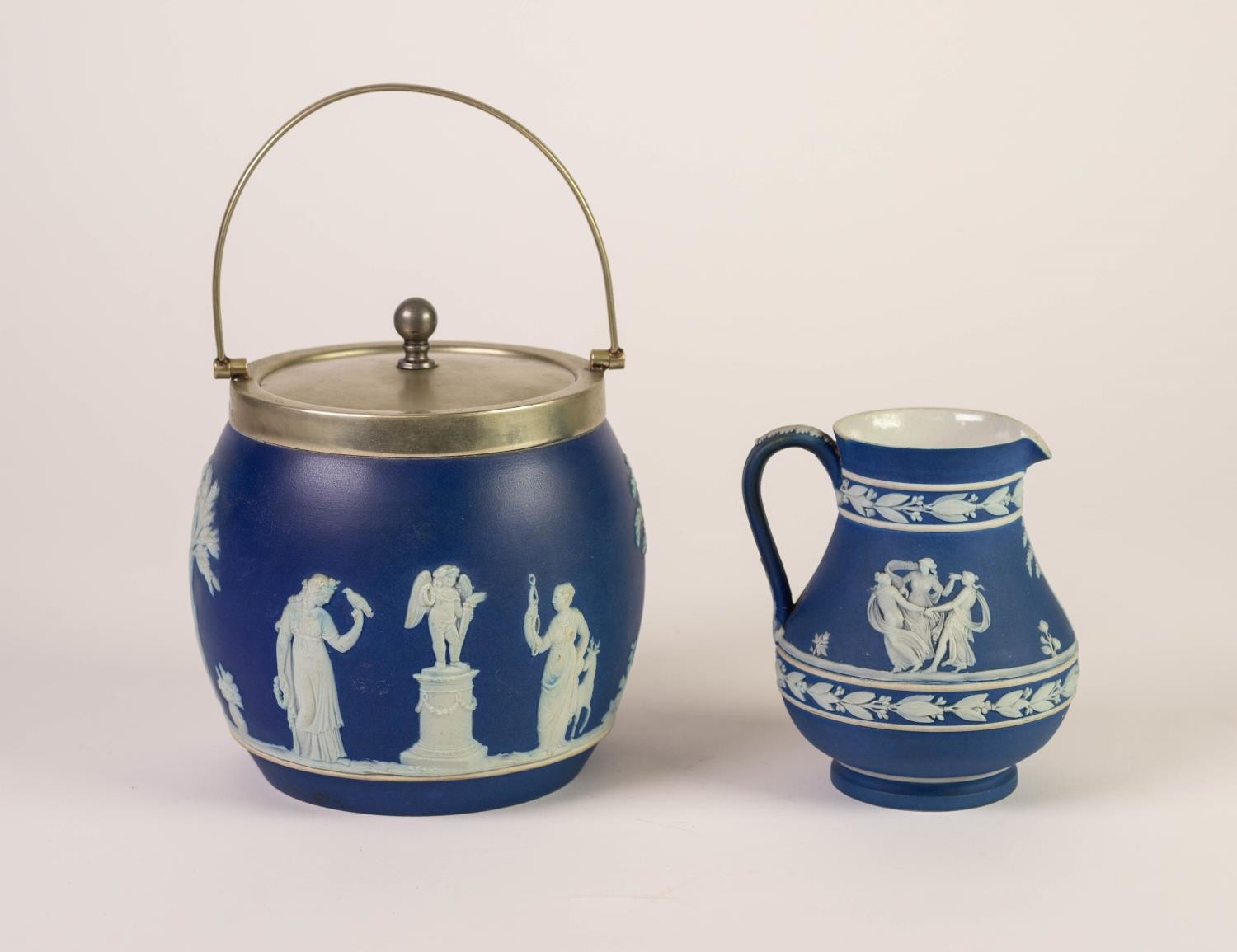 NINETEENTH CENTURY WEDGWOOD BLUE DIPPED JASPERWARE POTTERY JUG, of baluster form with loop handle, - Image 2 of 2