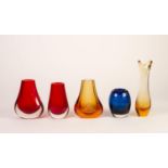 FOUR WHITEFRIARS CASED GLASS SMALL VASES, comprising: TWO TEARDROP VASES, one in red, the other in