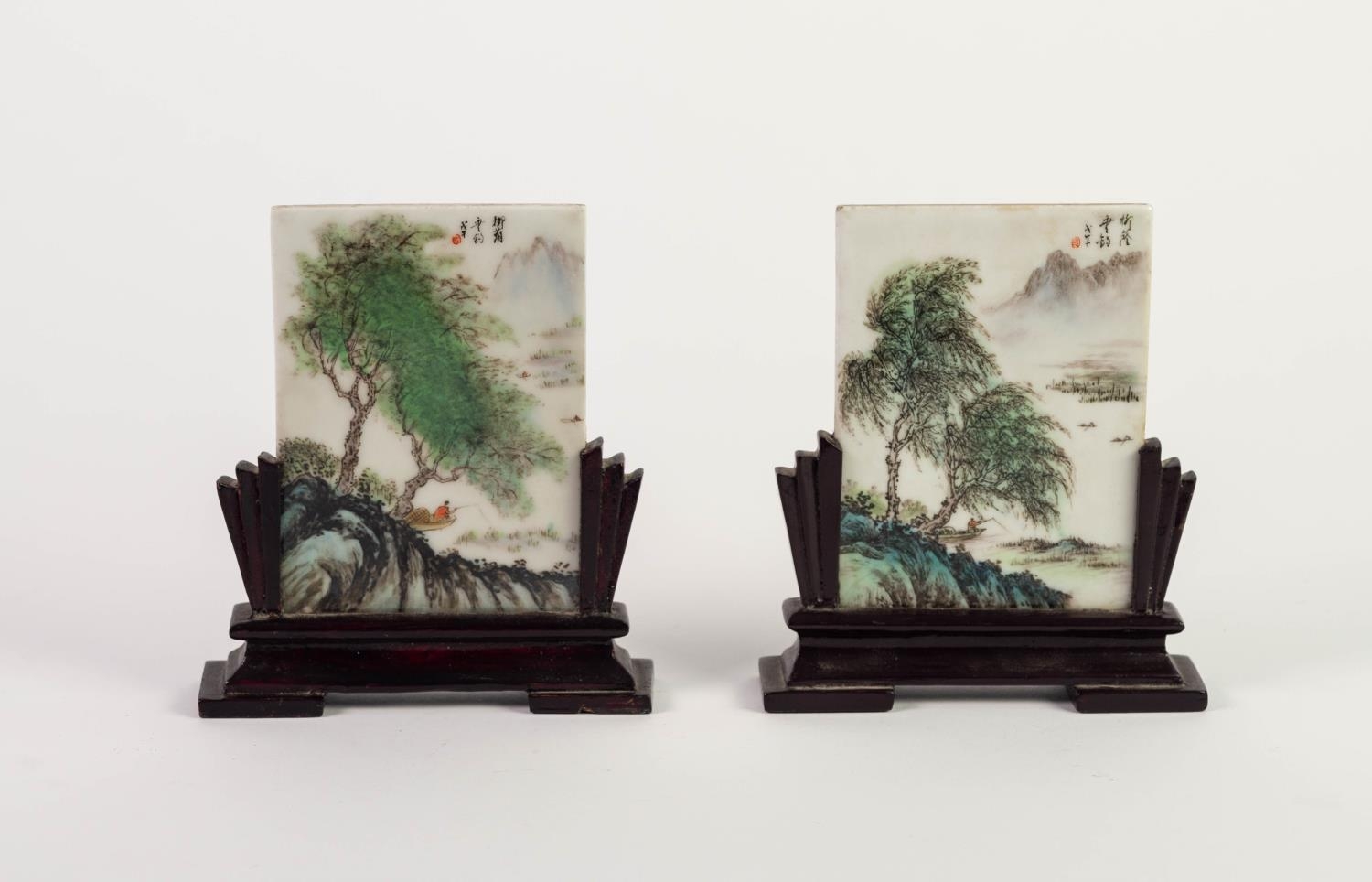 PAIR OF CHINESE REPUBLIC PERIOD MINIATURE PORCELAIN TABLE SCREENS, with black japanned frames/