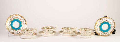 SET OF FOUR NINETEENTH CENTURY ENGLISH ROCOCO PORCELAIN TEA CUPS AND SAUCERS, each painted with a