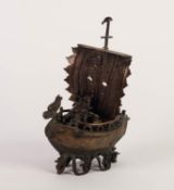 CHINESE BRONZE COLOURED METAL SHIP PATTERN INCENSE BURNER, modelled under sail, the cover modelled