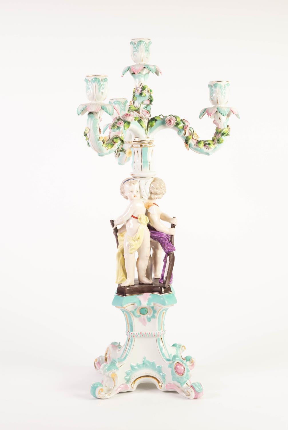 EARLY TWENTIETH CENTURY SITZENDORF, GERMAN FLORAL ENCRUSTED PORCELAIN FIGURAL FOUR LIGHT CANDELABRA, - Image 3 of 4