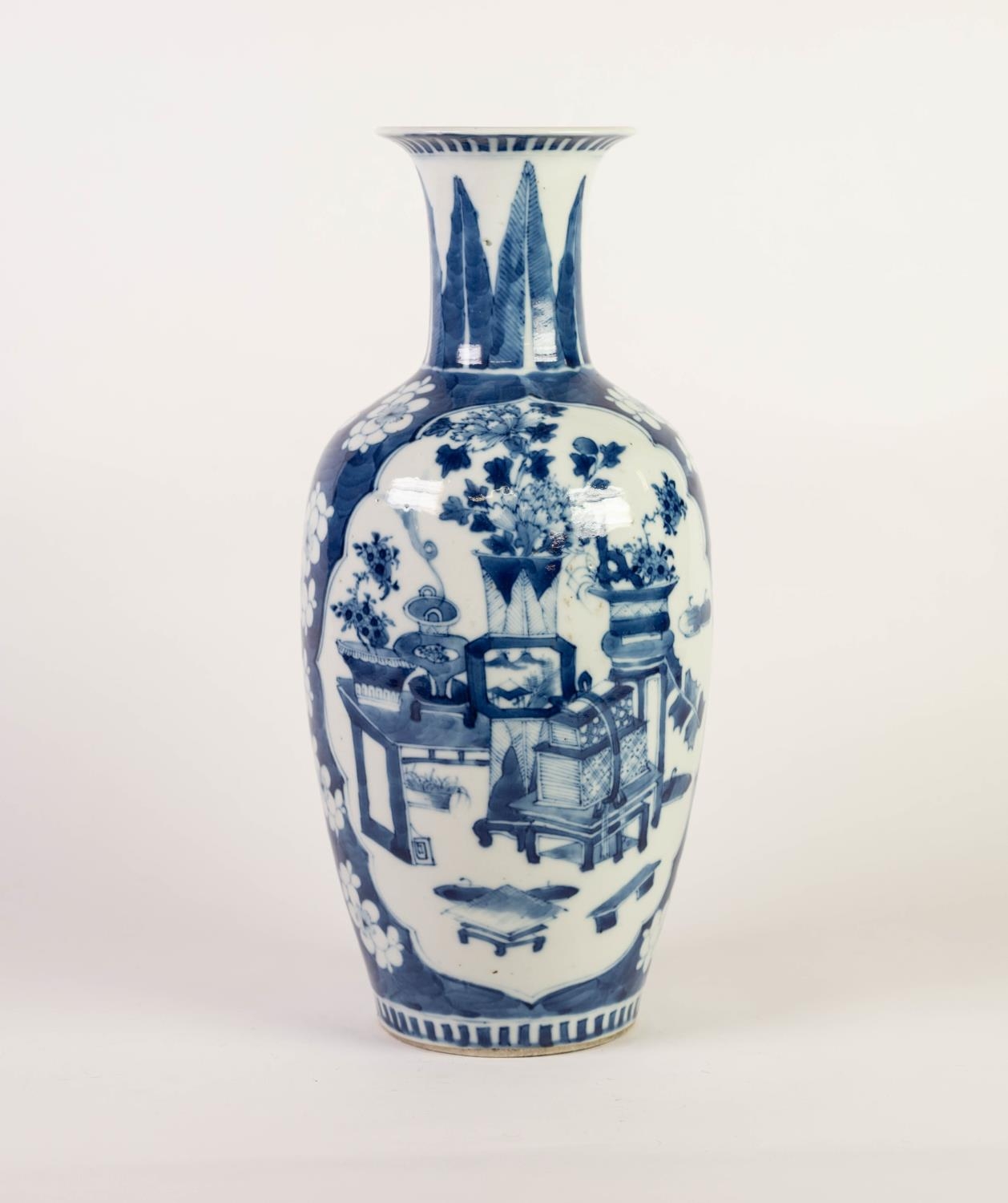 CHINESE LATE QING DYNASTY BLUE AND WHITE PORCELAIN VASE, of ovoid form with waisted neck, painted