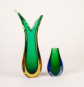 PROBABLY MURANO, TWO SOMMERSO GLASS VASES, one in green and amber, 14 ¼? (36.2cm) high, the other in
