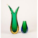 PROBABLY MURANO, TWO SOMMERSO GLASS VASES, one in green and amber, 14 ¼? (36.2cm) high, the other in