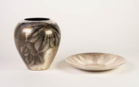 TWO PIECES OF WMF SILVERED METAL, comprising: OVOID VASE, decorated with leaves, 7 ½? (19m) high,