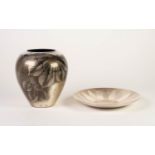 TWO PIECES OF WMF SILVERED METAL, comprising: OVOID VASE, decorated with leaves, 7 ½? (19m) high,