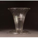 EARLY TWENTIETH CENTURY WHITEFRIARS CLEAR GLASS LARGE TRUMPET VASE, of vertical ribbed from with