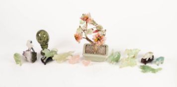 TWELVE MODERN ORIENTAL CARVED HARDSTONE SMALL MODELS OF ANIMALS AND BIRDS, mainly green jadeite,